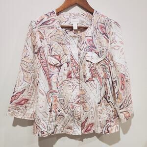 Chico's Womens White Pink 100% Linen Paisley Floral Jacket Size 1 Medium Beach